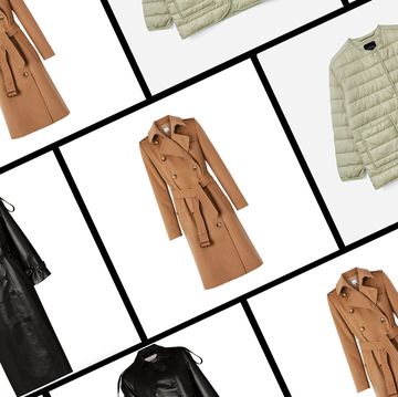 flat composite images of trench, faux fur, and quilted coats in front of a plain backdrop
