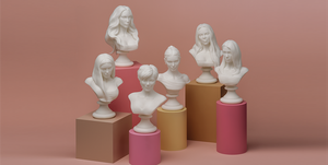 3d printed busts of the kardashian family photographed on pedestals on a pink background