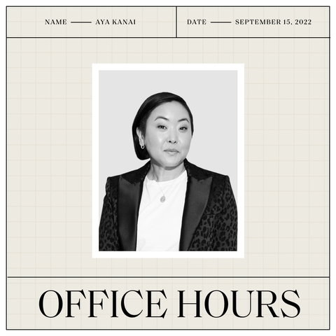 black and white headshot of aya kanai with her name and the date above and the office hours logo below