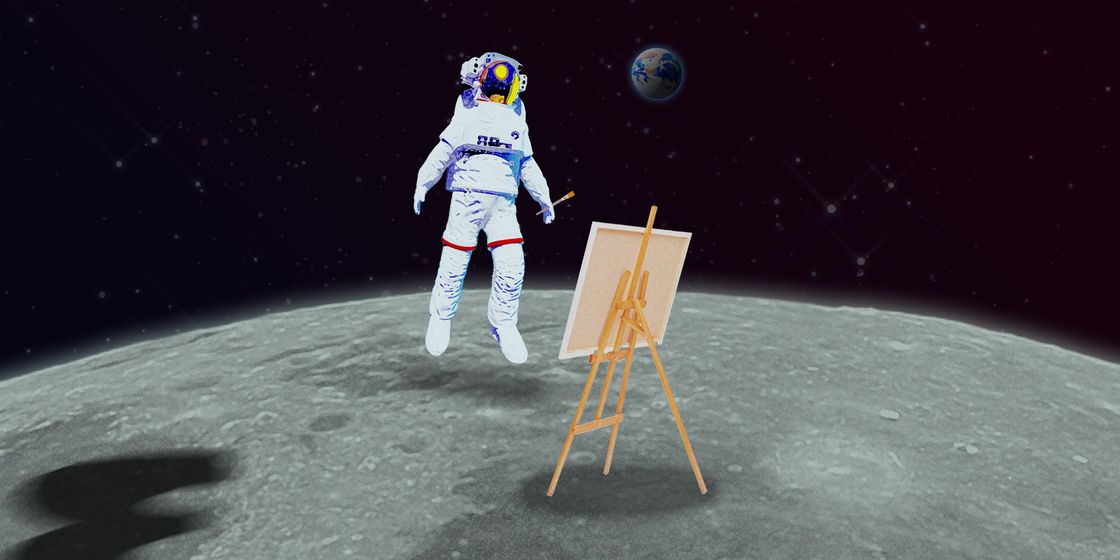a person in a space suit on a surface with a sign