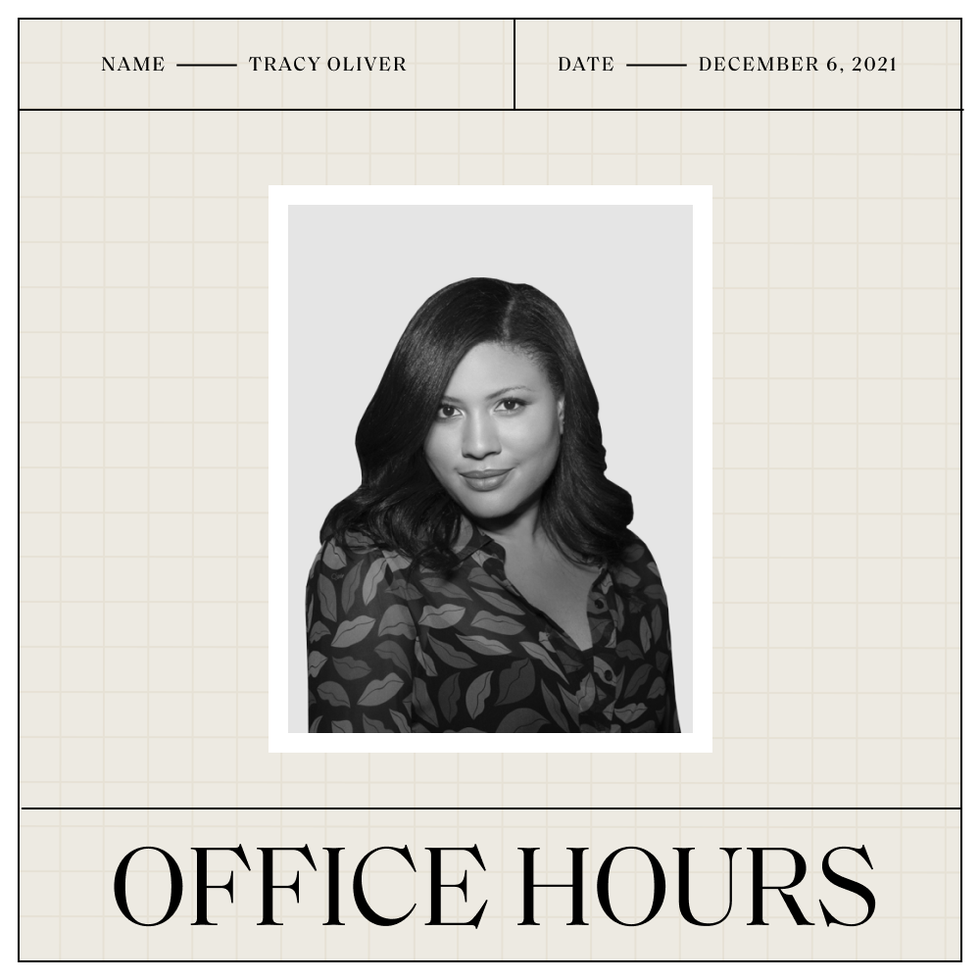 a graphic that says name tracy oliver date december 6 2021 office hours with a headshot of tracy in black and white
