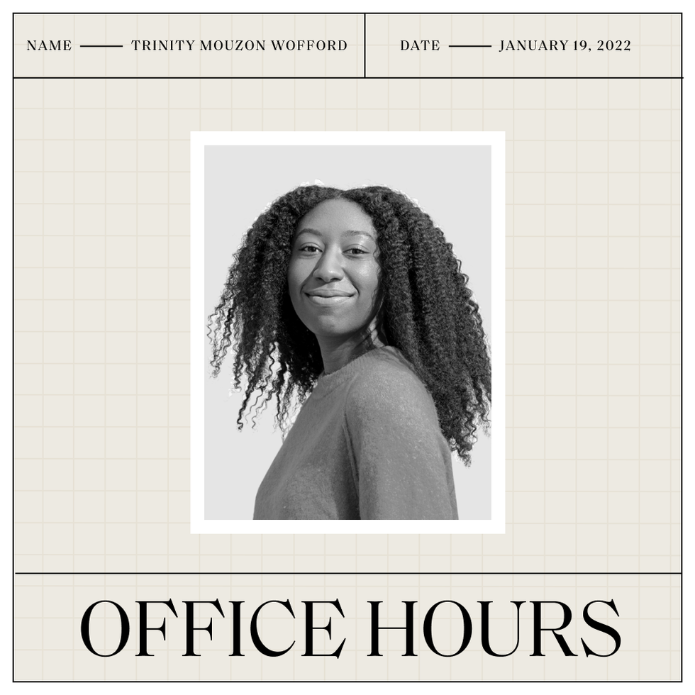 a graphic that says name trinity mouzon wofford date january 19 2022 office hours with a headshot of trinity in black and white