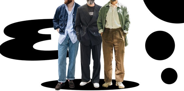 three men wearing different outfits against a white background