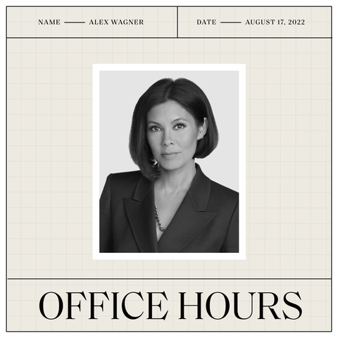 a black and white headshot of alex wagner with her name and the date above the photo and the office hours logo beneath the photo
