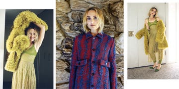 collage of chloe fineman in a blue and red jacket and a green knit dress and fur coat
