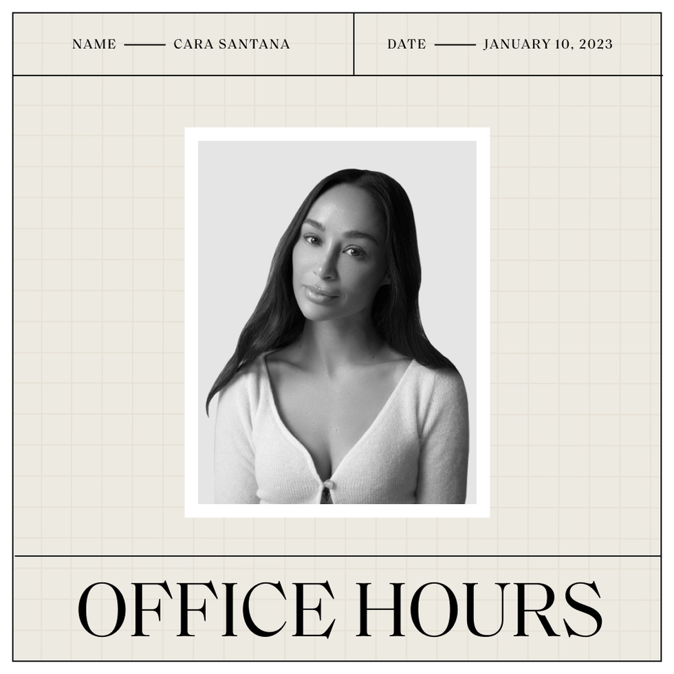 a black and white headshot of cara santana with her name and the date above and the office hours logo below