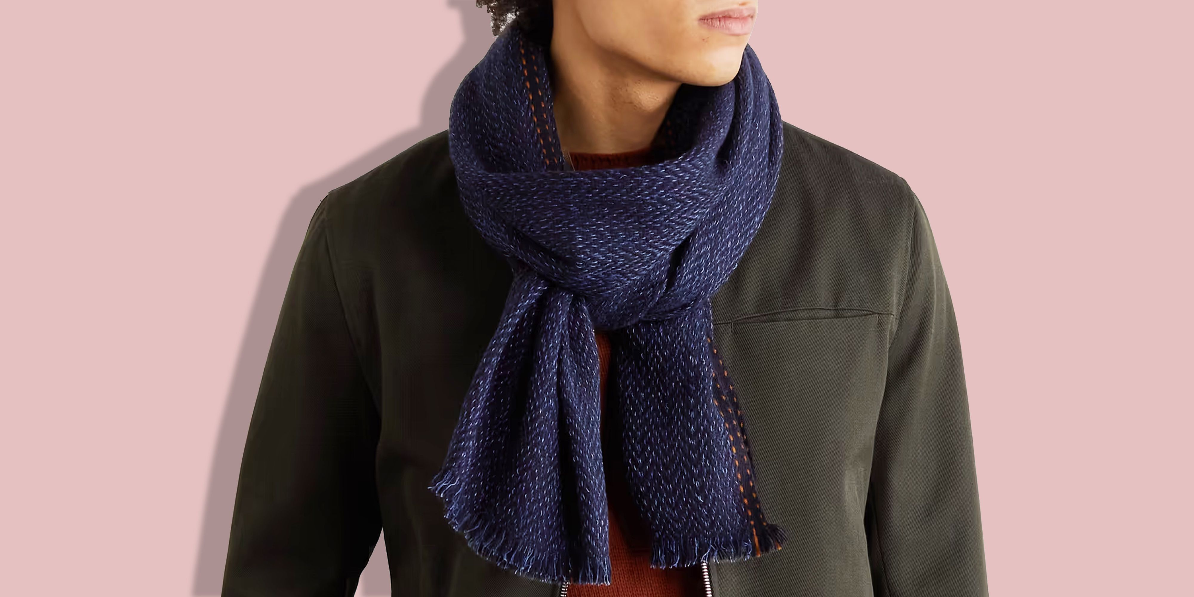 Long silk scarf for men. Elegant navy blue print