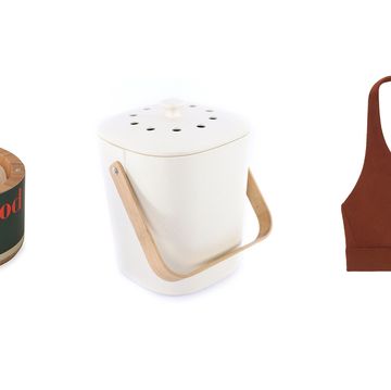 a collage of three items from the gift guide, the kate mcleod naked stone, a compost bucket, and a knickey bralette