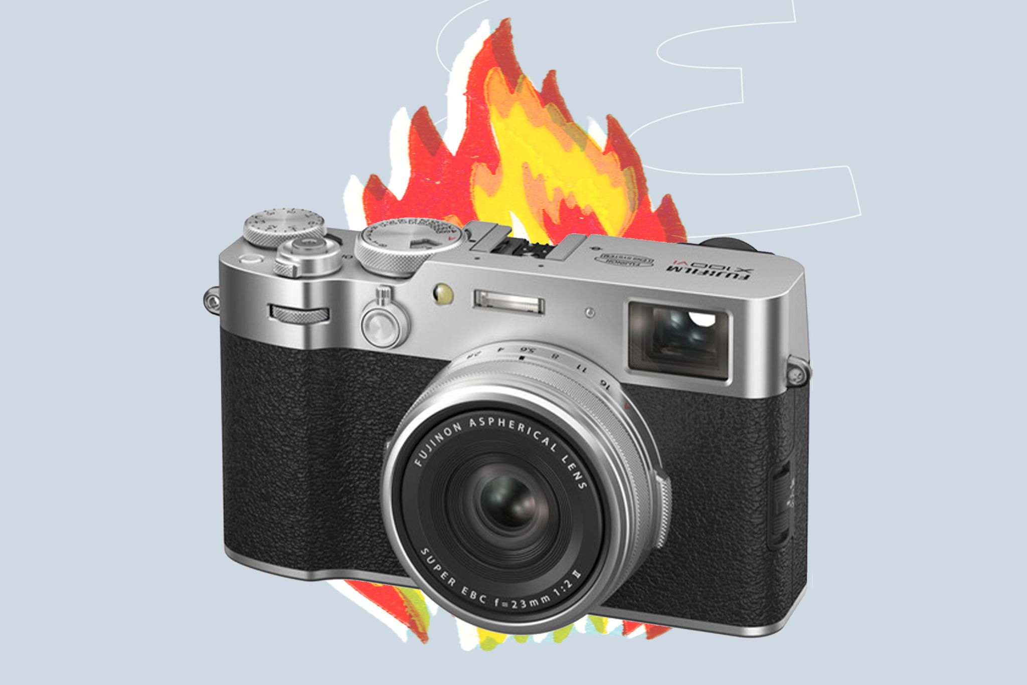 a camera with a flame