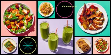 collage of food including green smoothies and salads