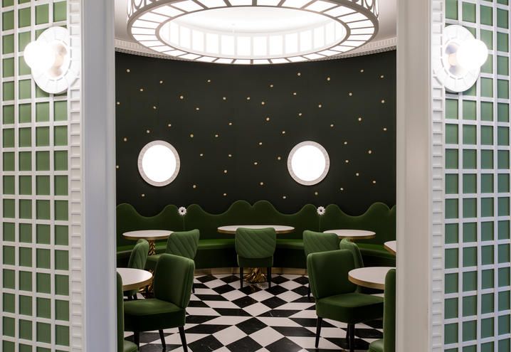 Green, Interior design, Floor, Table, Ceiling, Wall, Furniture, Flooring, Tile, Chair, 