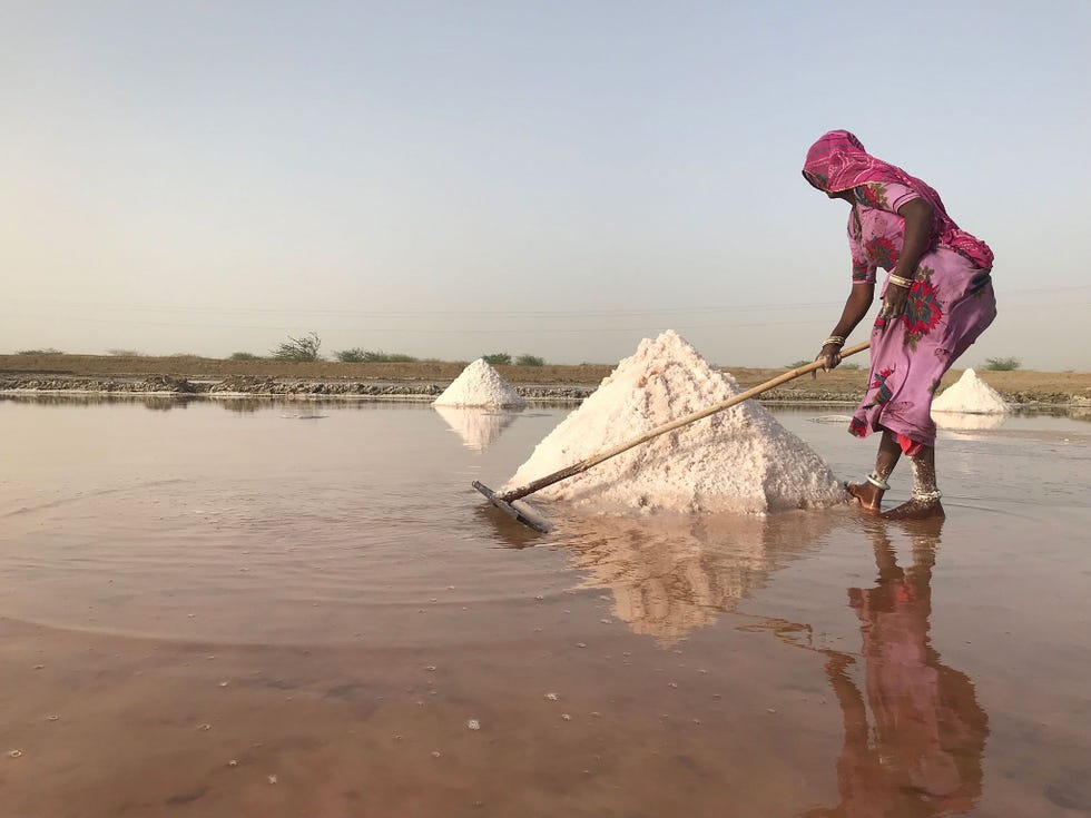 Een zoutarbeidster zwoegt in de buurt van de oude stad Jaipur in Rajasthan