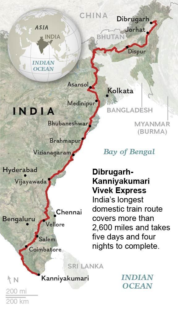De Vivek Express tussen Dibrugarh en Kanniyakumari maakt op zijn lange reis 58 tussenstops