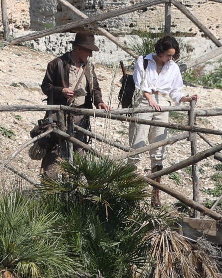 segesta calatafimi, italy   october 19  italy out harrison ford and phoebe waller bridge are seen during indiana jones 5 filming in sicily, on october 19, 2021 in temple of segesta, sicily, italy photo by robino salvatoregc images