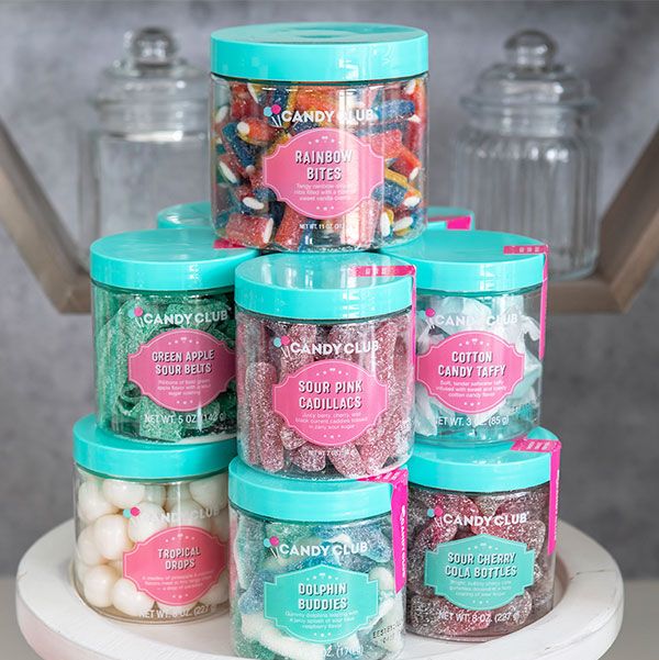 candy club, best subscription boxes for teens, candy  in clear containers with blue tops