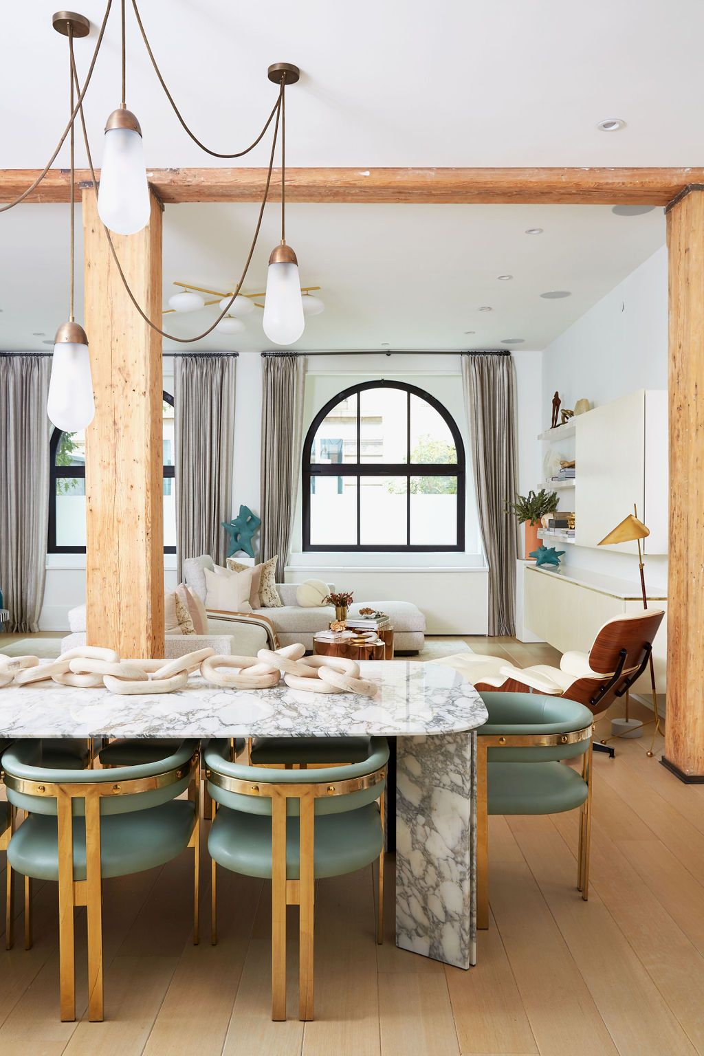 white dining room with marble table