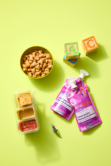 baby pouches, kids snacks and building blocks