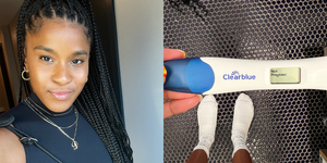 portrait of deja, and image of pregnancy test that reads not pregnant