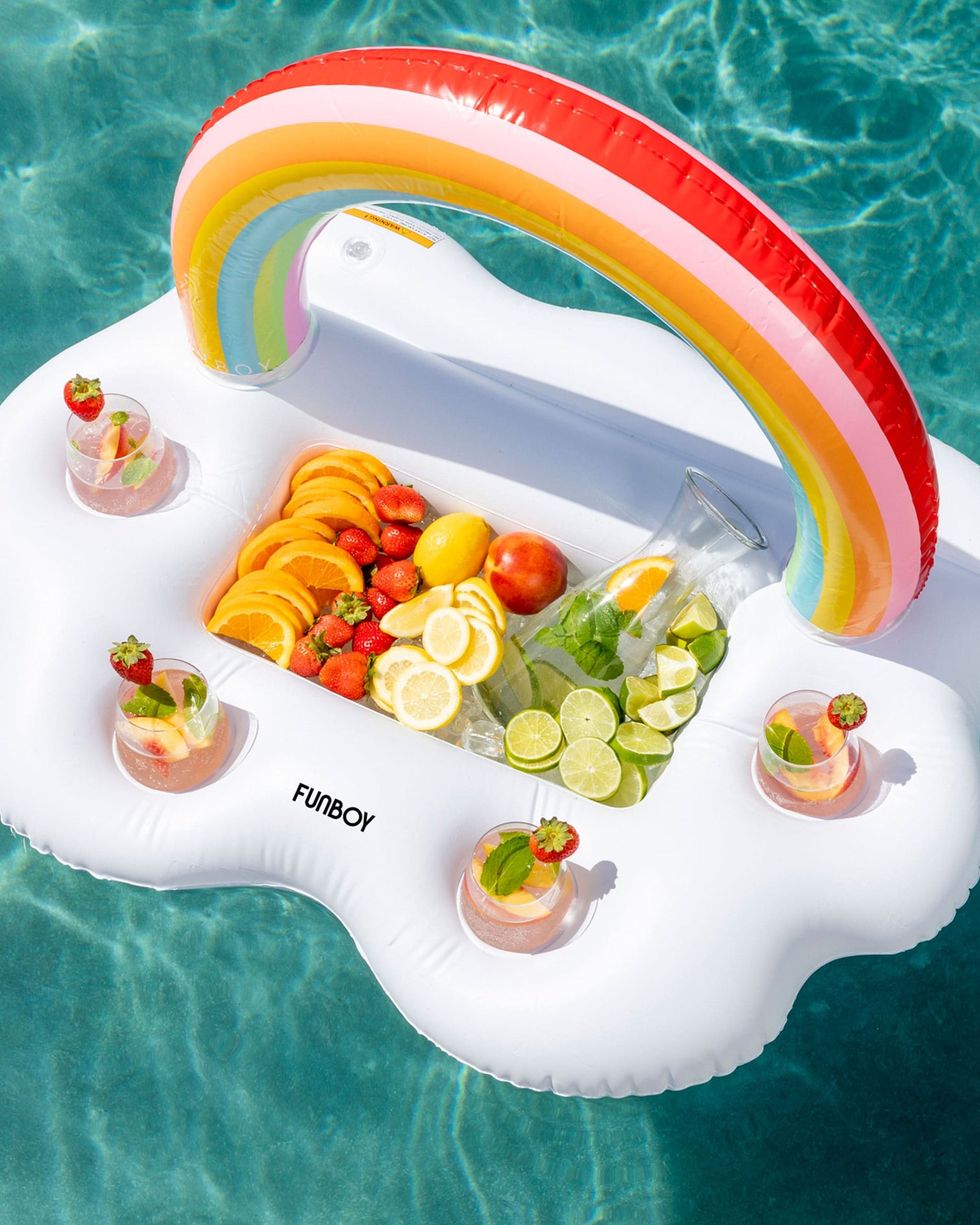 funboy giant inflatable rainbow cloud drink holder, luxury floating bar accessory for pool parties and entertainment, floating drink holder