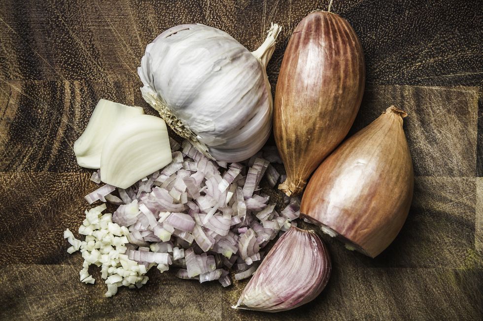 ingredients for making green curry paste onion, garlic