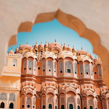 inside of the hawa mahal or the palace of winds at jaipur india it is constructed of red and pink sandstone