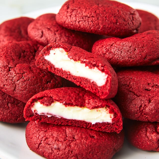 red velvet cookies stuffed with cream cheese frosting