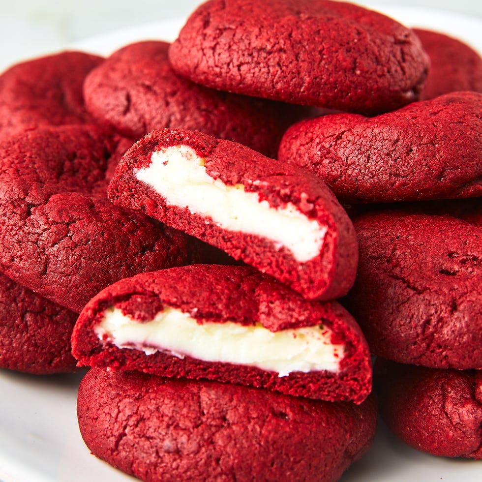 red velvet cookies stuffed with cream cheese frosting