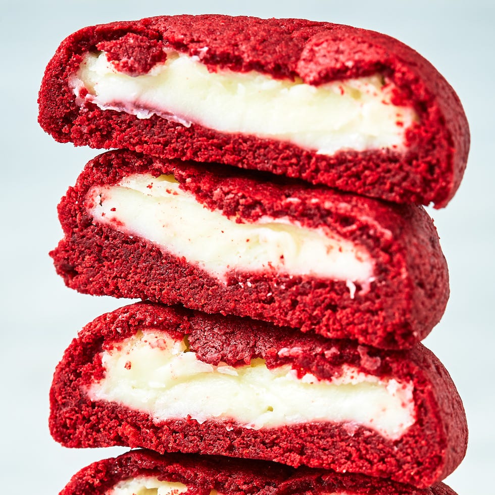 red velvet cookies stuffed with cream cheese frosting