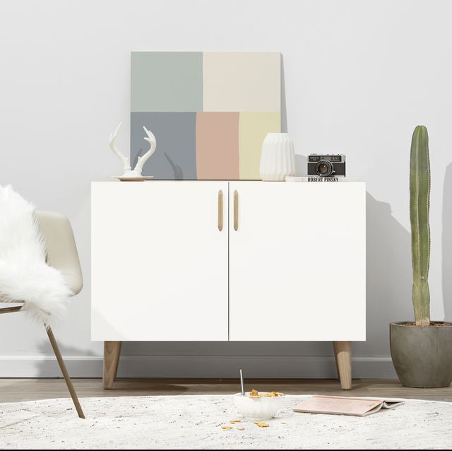 Furniture, White, Desk, Table, Room, Interior design, Chair, Sideboard, Material property, Chest of drawers, 