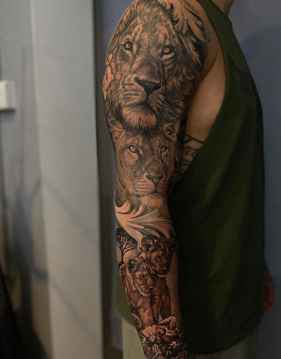 Arm sleeve tattoo by the amazing dodepras. Lion Ink Tattoo Bali. Rose.  Clock. Family. Dove | Sleeve tattoos, Full sleeve tattoos, Tattoo sleeve  designs