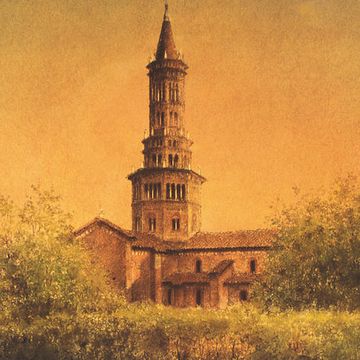 Tower, Sky, Steeple, Landmark, Spire, Architecture, Building, Church, Painting, Rural area, 