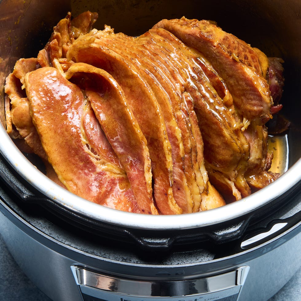 sliced ham cooked in an instant pot with a brown sugar glaze