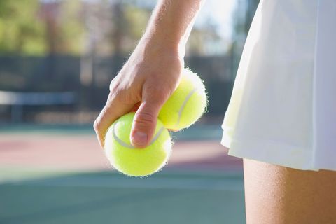 Tennis, Tennis ball, Tennis court, Racquet sport, Ball, Tennis player, Racket, Sports equipment, Hand, Sport venue, 