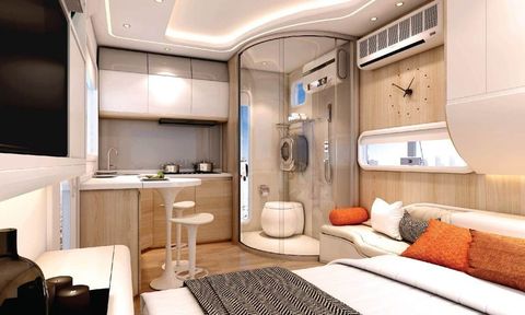 Room, Interior design, Property, Furniture, Building, Ceiling, Vehicle, Luxury yacht, Suite, Cabin, 
