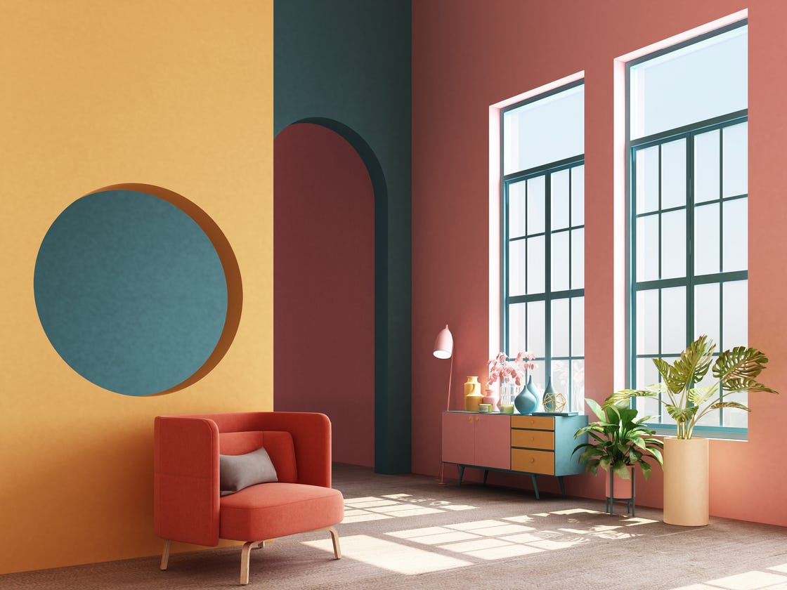 interior concept of memphis design colorful, armchair with console and prop 3d render