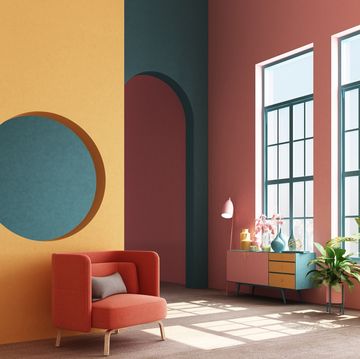 interior concept of memphis design colorful, armchair with console and prop 3d render