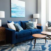 Living room, Blue, Furniture, Room, Interior design, Couch, Turquoise, Property, Table, Azure, 