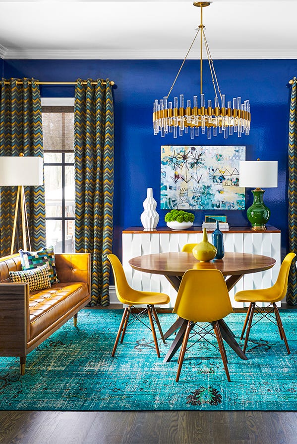 sitting room with blue lacquer wallpaper