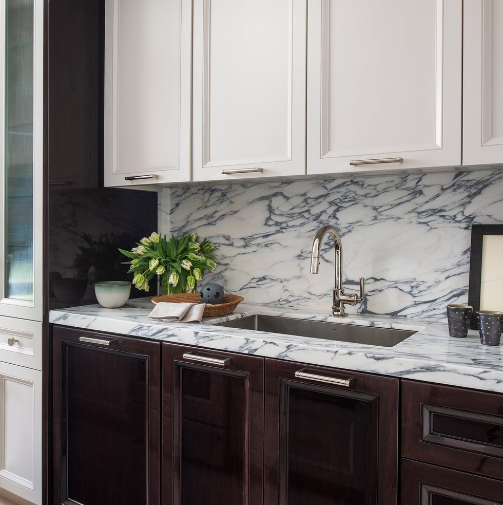 kitchen with white and dark wood cabinets