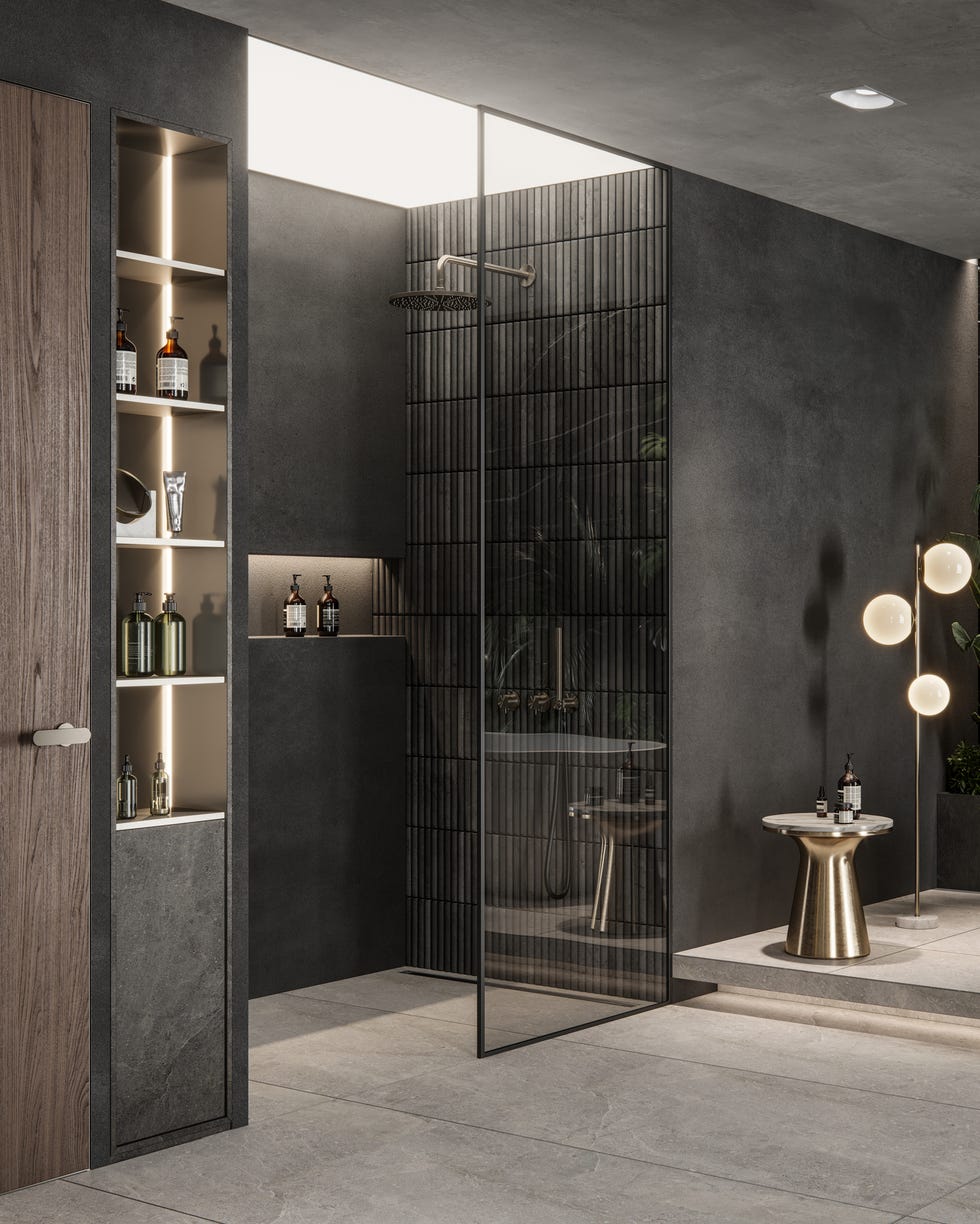 Interior of a luxurious bathroom with shower area and bathtub interior of a luxurious bathroom with shower area and bathtub, as well as live greenery and a globular lighting fixture