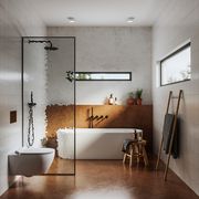 interior of bathroom with tub, shower, and toilet