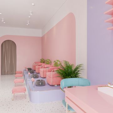 interior of modern beauty salon with nail care station