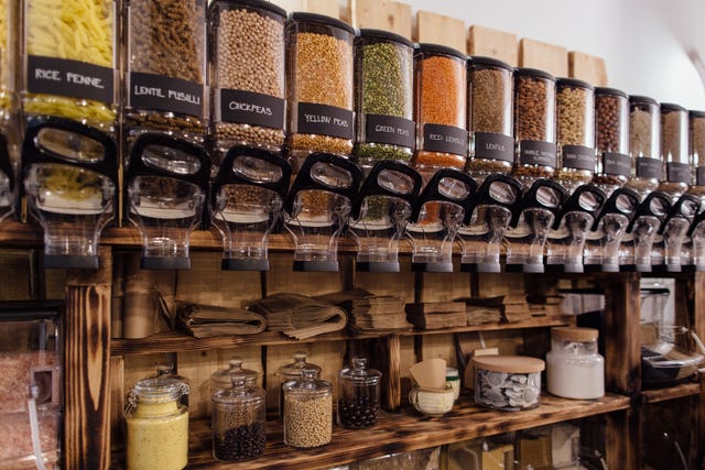 interior of zero waste shop, cheap healthy foods