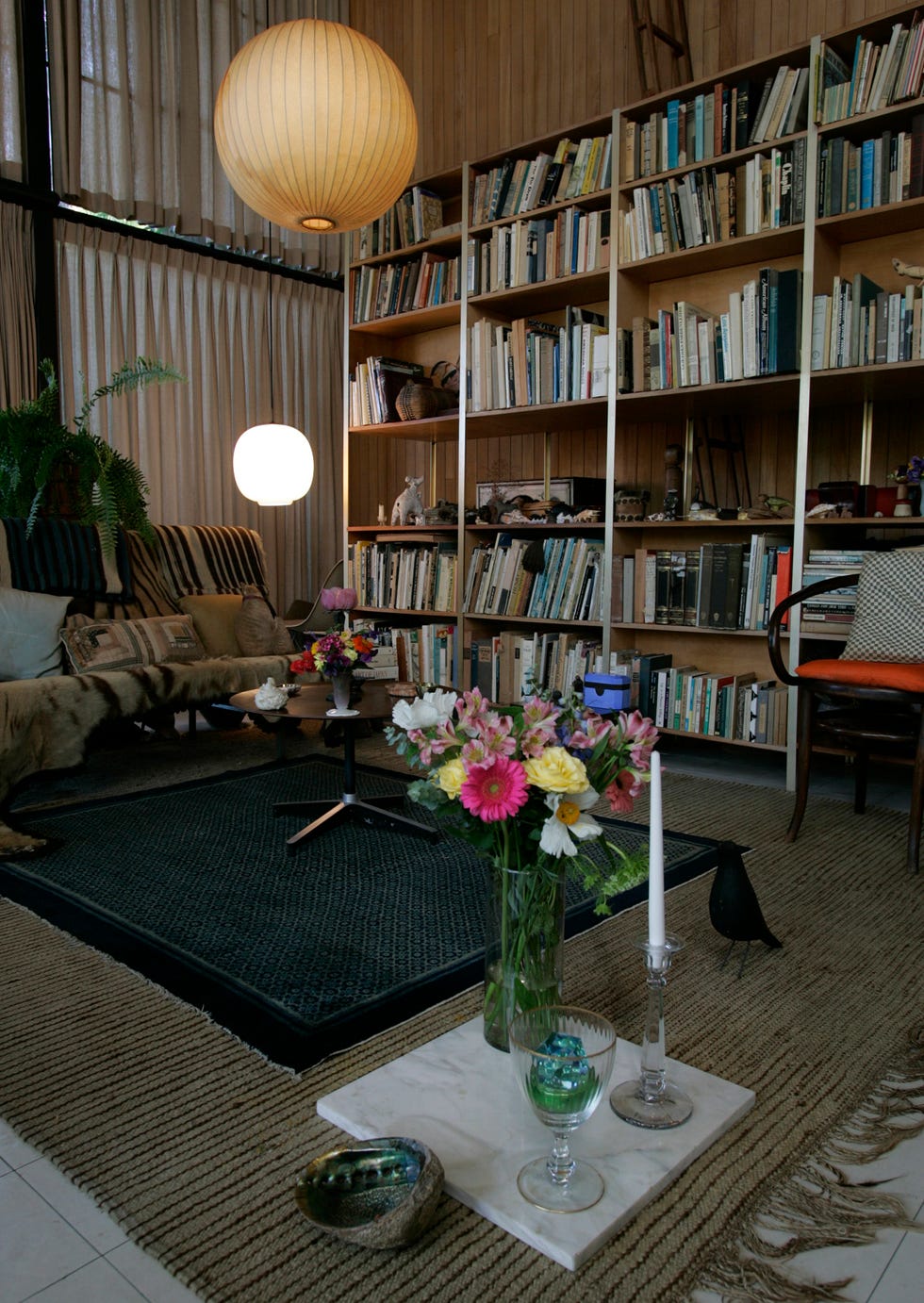 living room with bookshelves