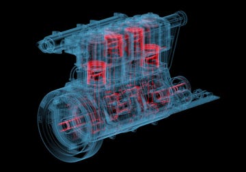 internal combustion engine 3d xray red and blue transparent