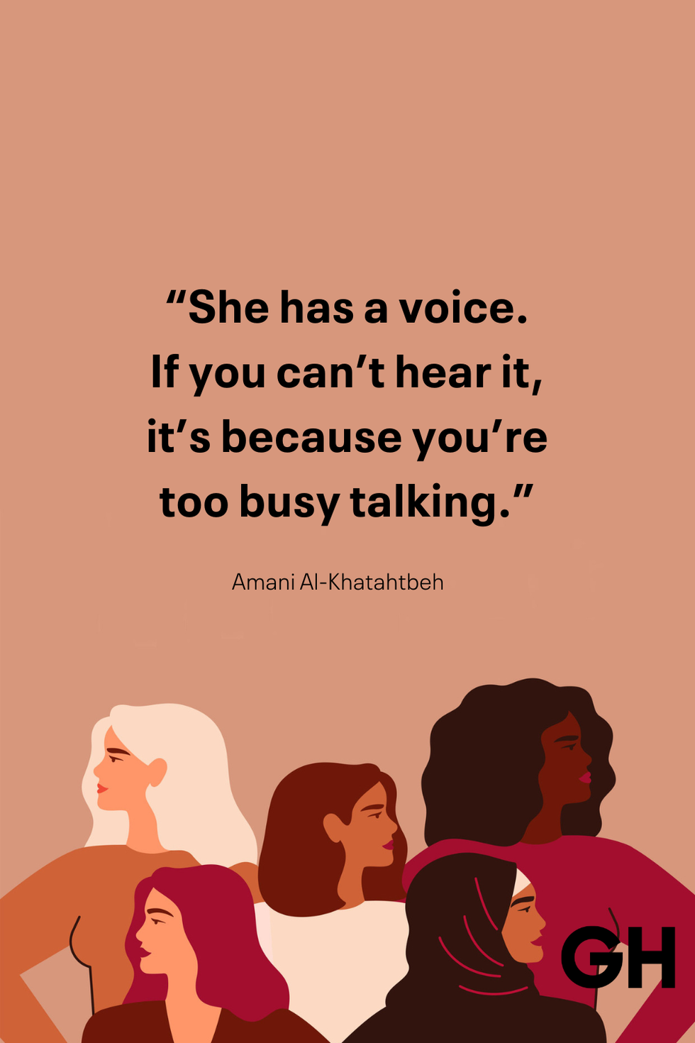 illustration featuring diverse women with a quote emphasizing the importance of listening to womens voices