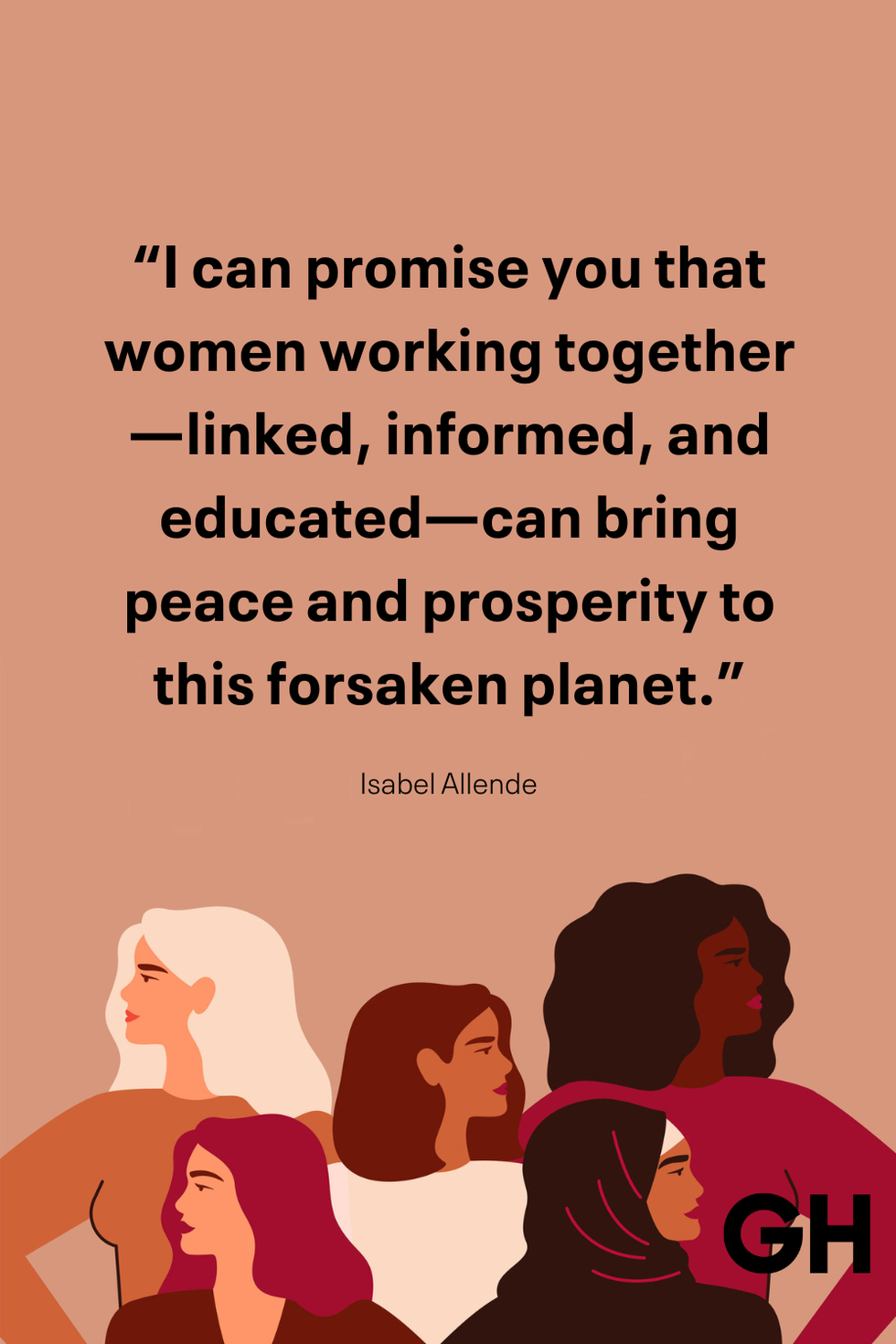 illustration of diverse women standing together with a quote from isabel allende about collaboration and empowerment
