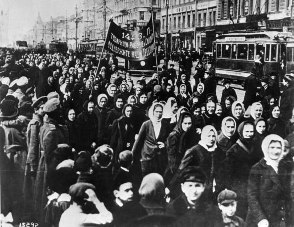 international women's day, women mainly textile workers demonstrate on petrograd's st, petersburg nevsky prospect shortly after the establishment of a provisional government, russia, february 1917, the soldiers' families are demanding increased r