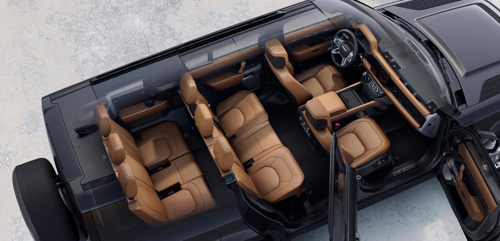 an overhead shot of the interior of the defender 130 with black and tan finishes