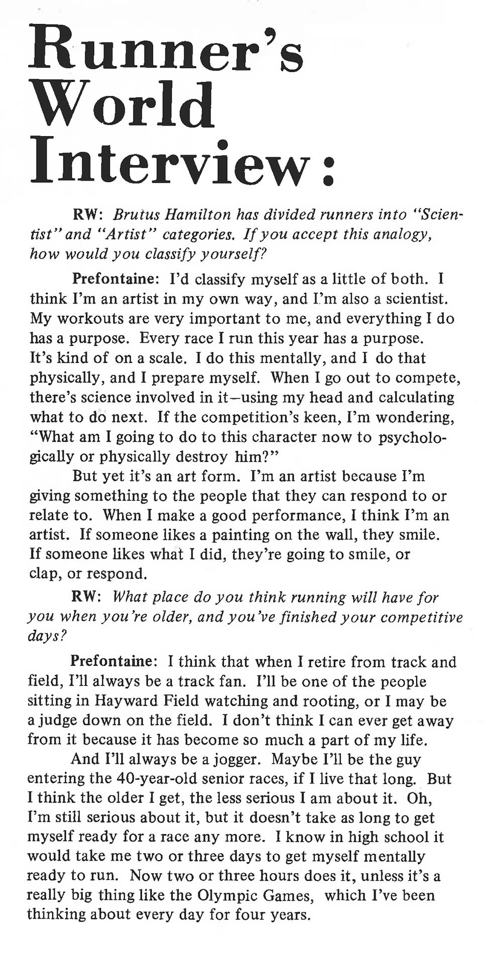 Steve Prefontaine 1972 interview in Runner's World